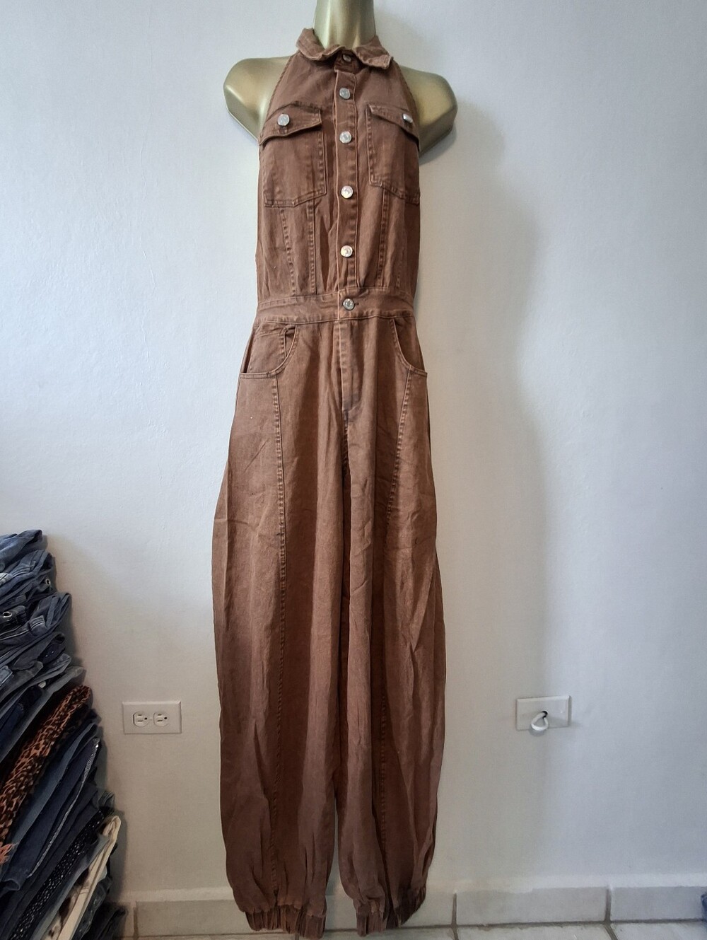 Sleeveless Brown Halter Jumpsuit